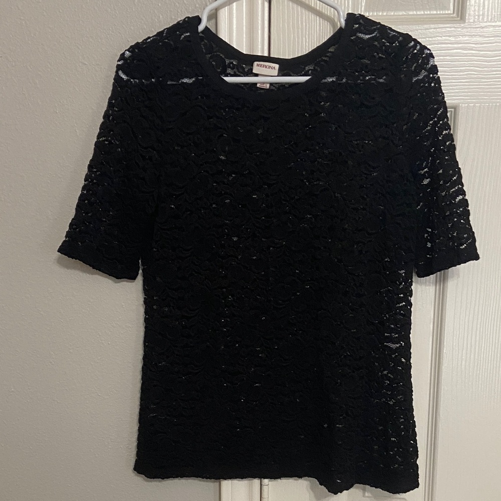 Merona Black See Through Floral Lace Short Sleeve Tee
